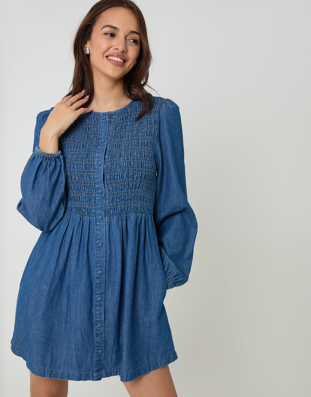 Mid Wash Shirred Denim Button Up Mini Dress Mid Wash Shirred Denim Button Up Mini Dress