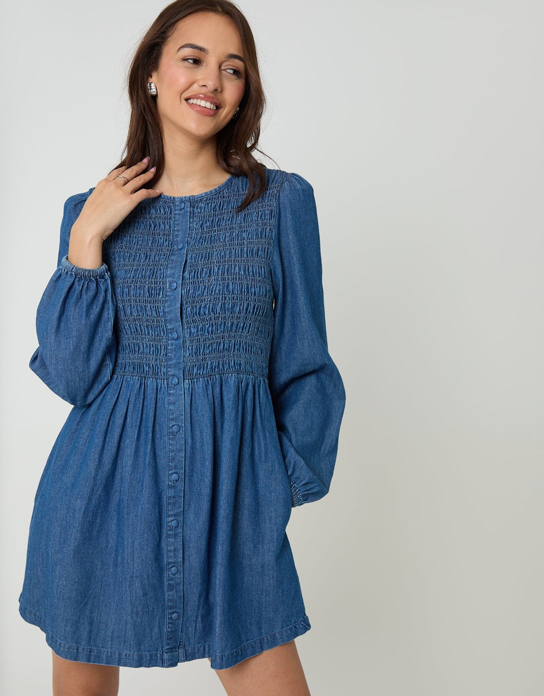 Shirred Denim Button Up Mini Dress in Mid Wash