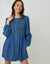 Mid Wash Shirred Denim Button Up Mini Dress