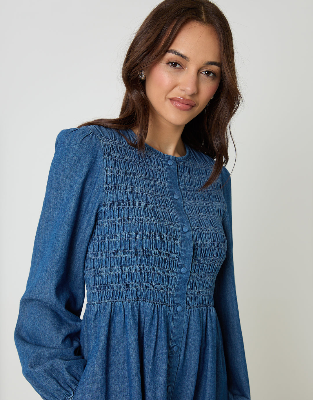 Mid Wash Shirred Denim Button Up Mini Dress