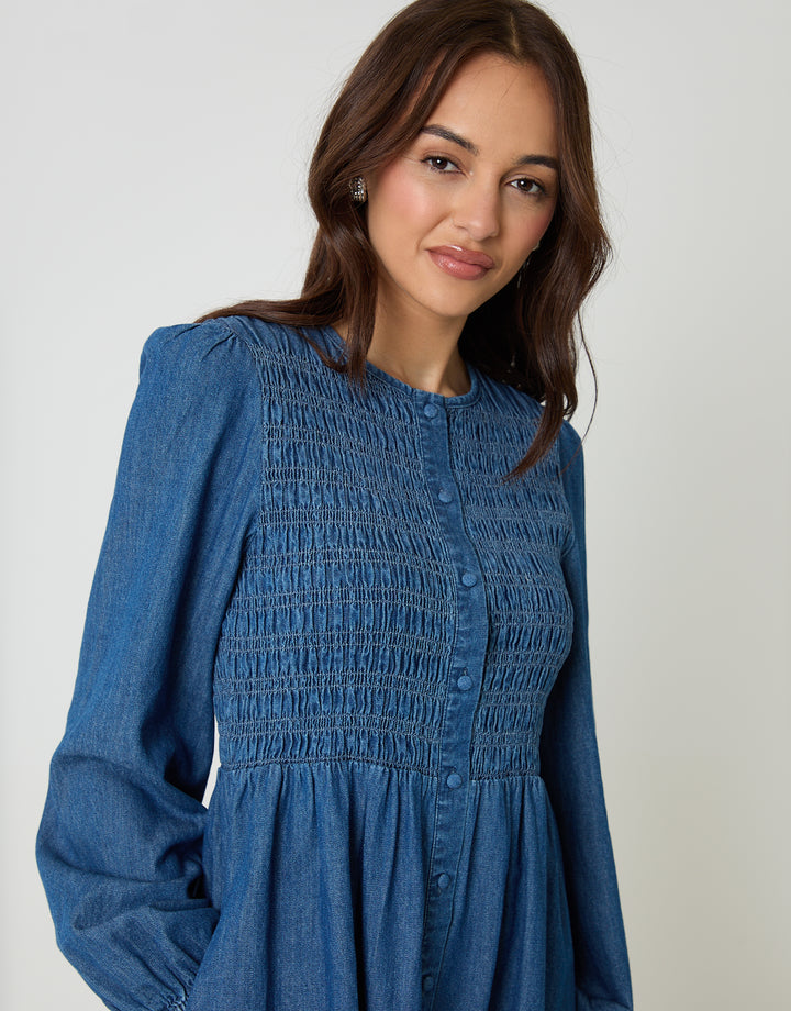 Mid Wash Shirred Denim Button Up Mini Dress