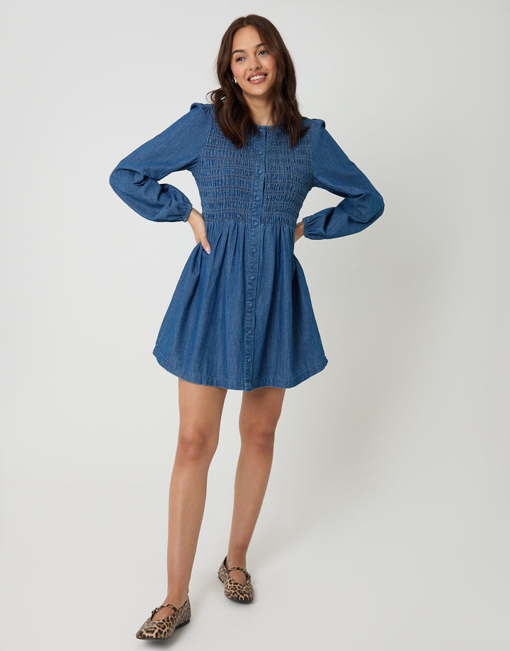 Mid Wash Shirred Denim Button Up Mini Dress
