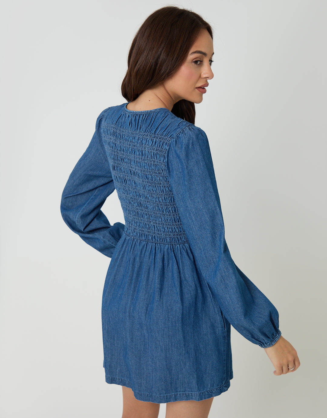 Mid Wash Shirred Denim Button Up Mini Dress