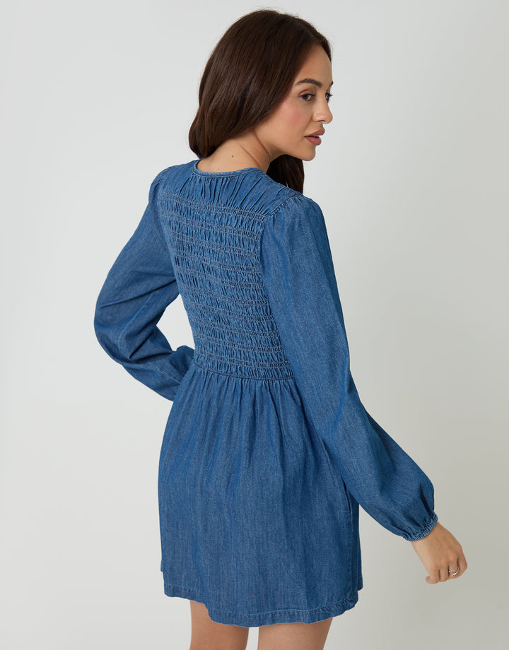 Mid Wash Shirred Denim Button Up Mini Dress