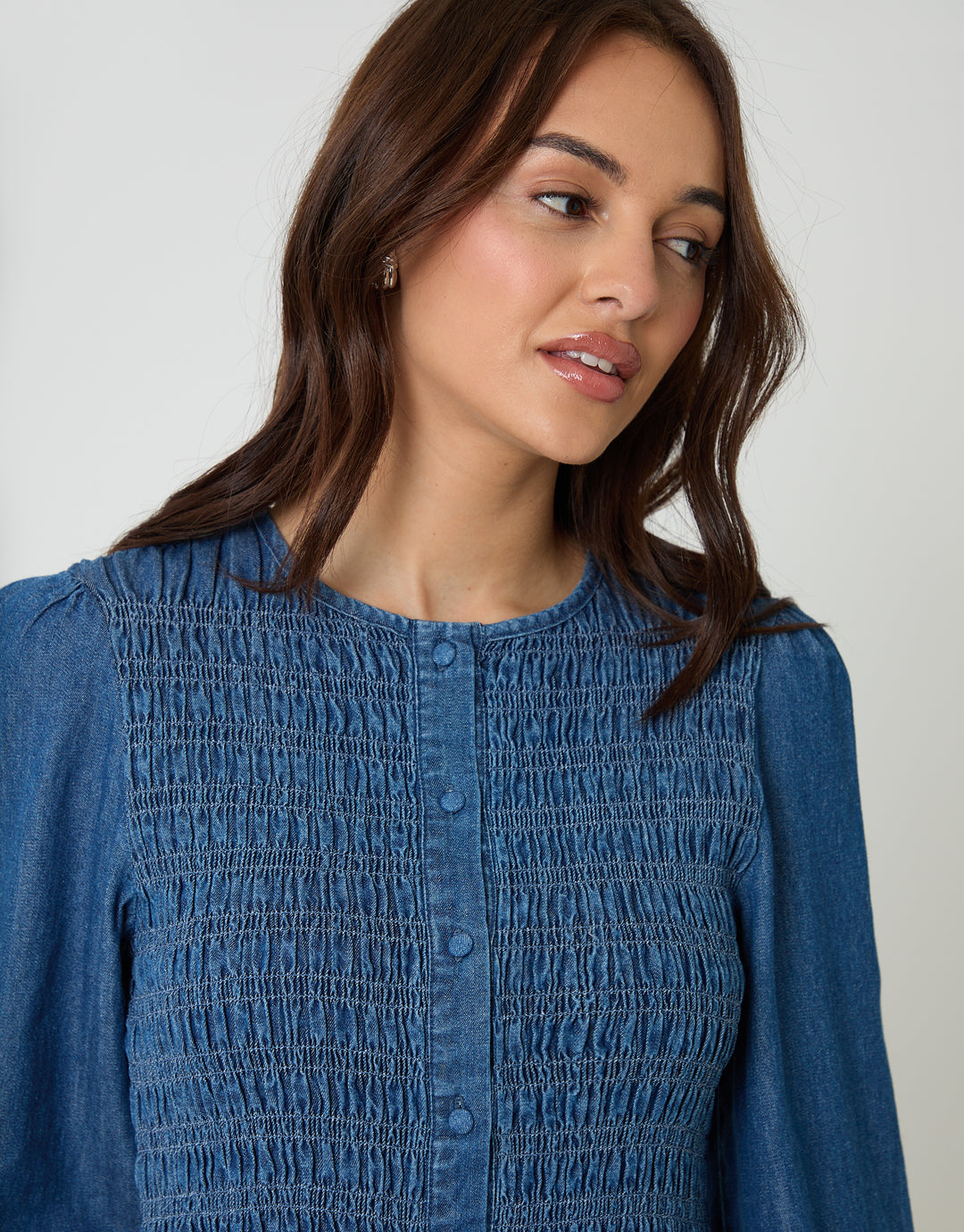 Mid Wash Shirred Denim Button Up Mini Dress