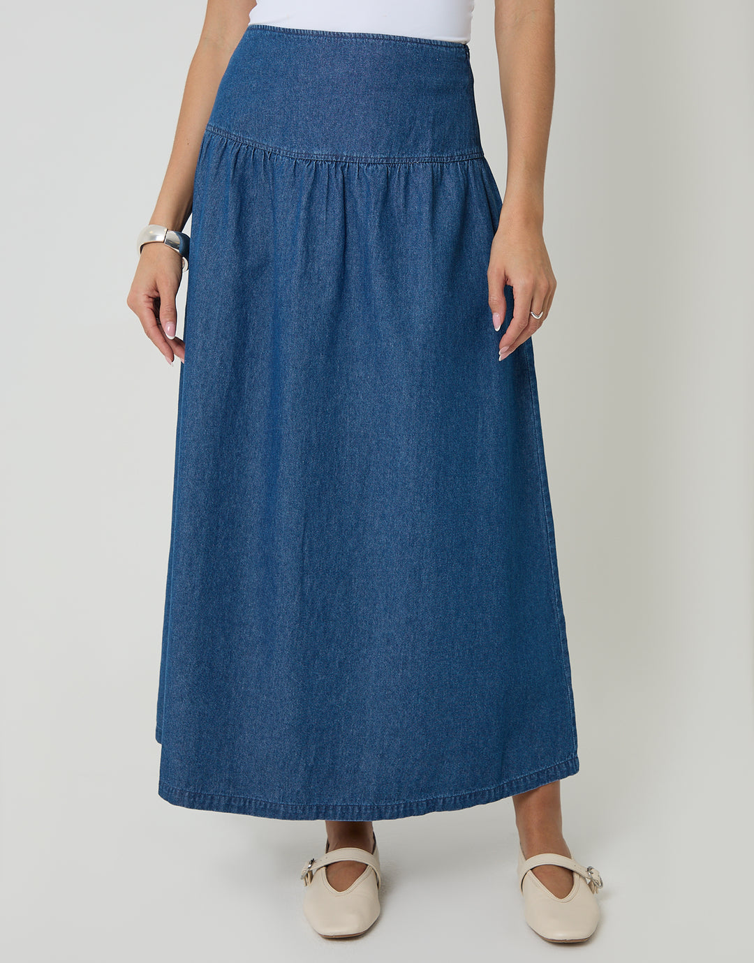 Mid Wash Dropped Waist Denim Maxi Skirt