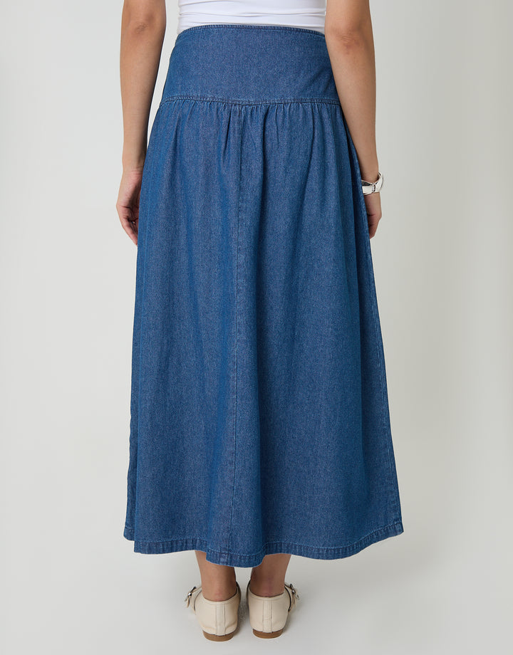 Mid Wash Dropped Waist Denim Maxi Skirt