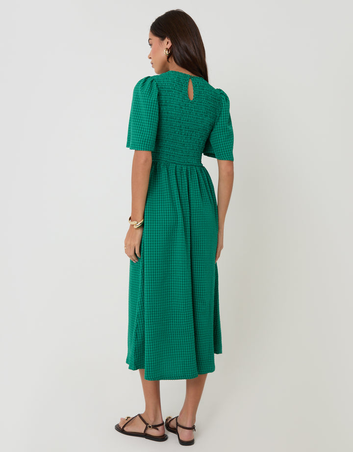 Threadbare Angel Sleeve Midaxi Dress in Green Gingham - back view