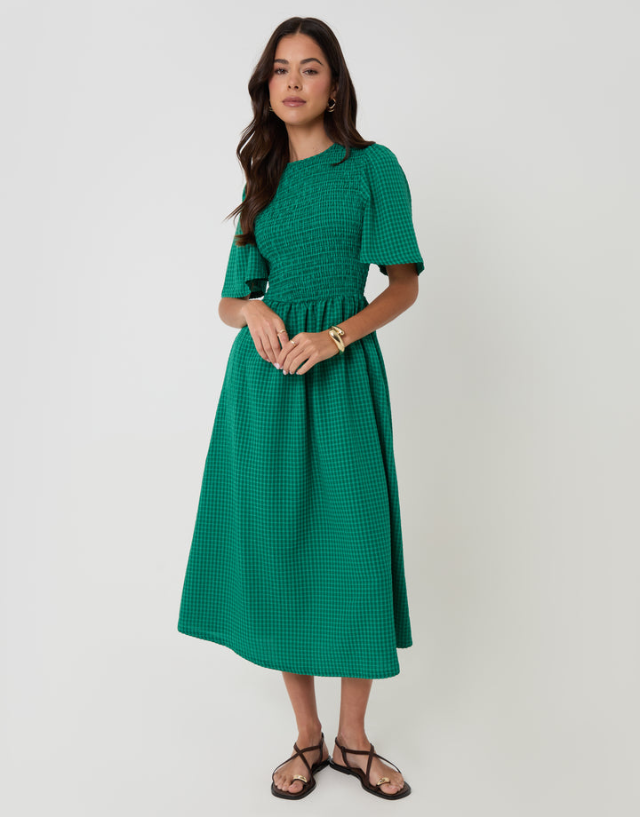 Threadbare Angel Sleeve Midaxi Dress in Green Gingham - front view