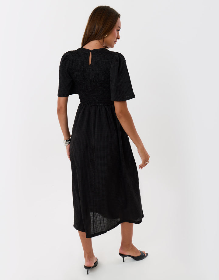 Threadbare Petite Puff Sleeved Shirred Dress in Black - back view