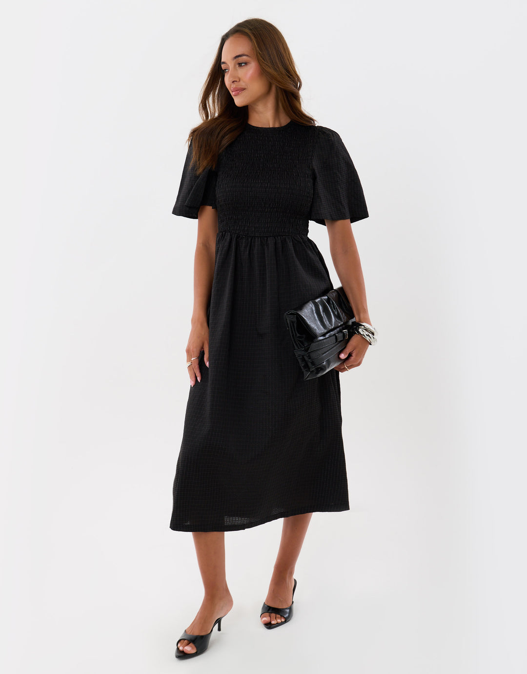 Threadbare Petite Puff Sleeved Shirred Dress in Black - full body