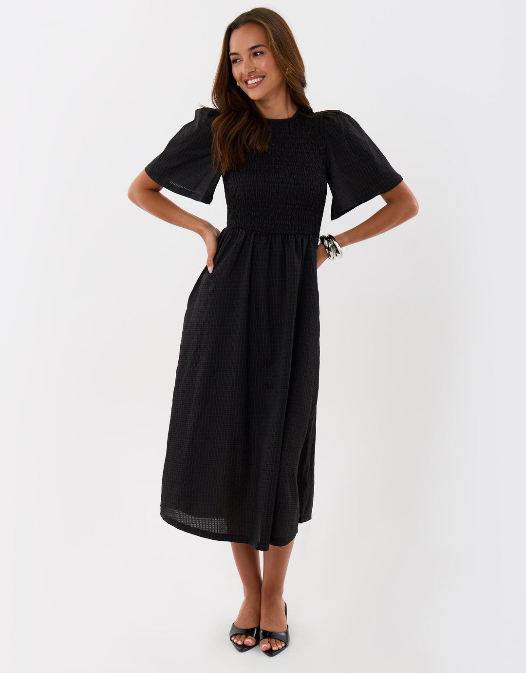 Threadbare Petite Puff Sleeved Shirred Dress in Black - front view