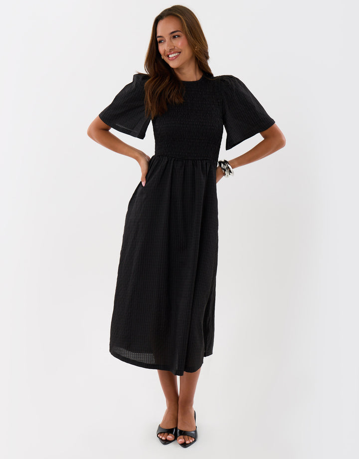 Threadbare Petite Puff Sleeved Shirred Dress in Black - front view