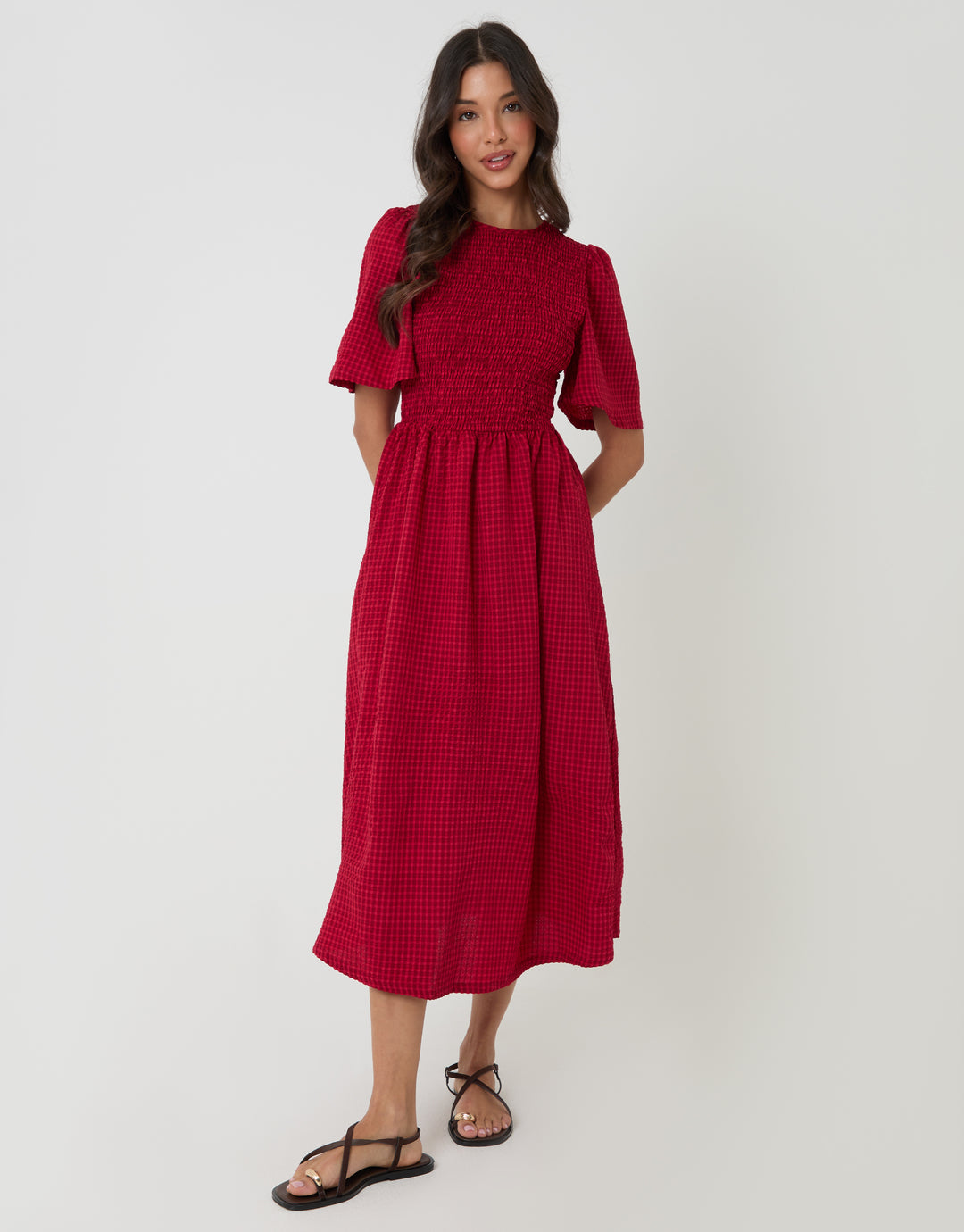 Red Gingham Angel Sleeve Midaxi Dress