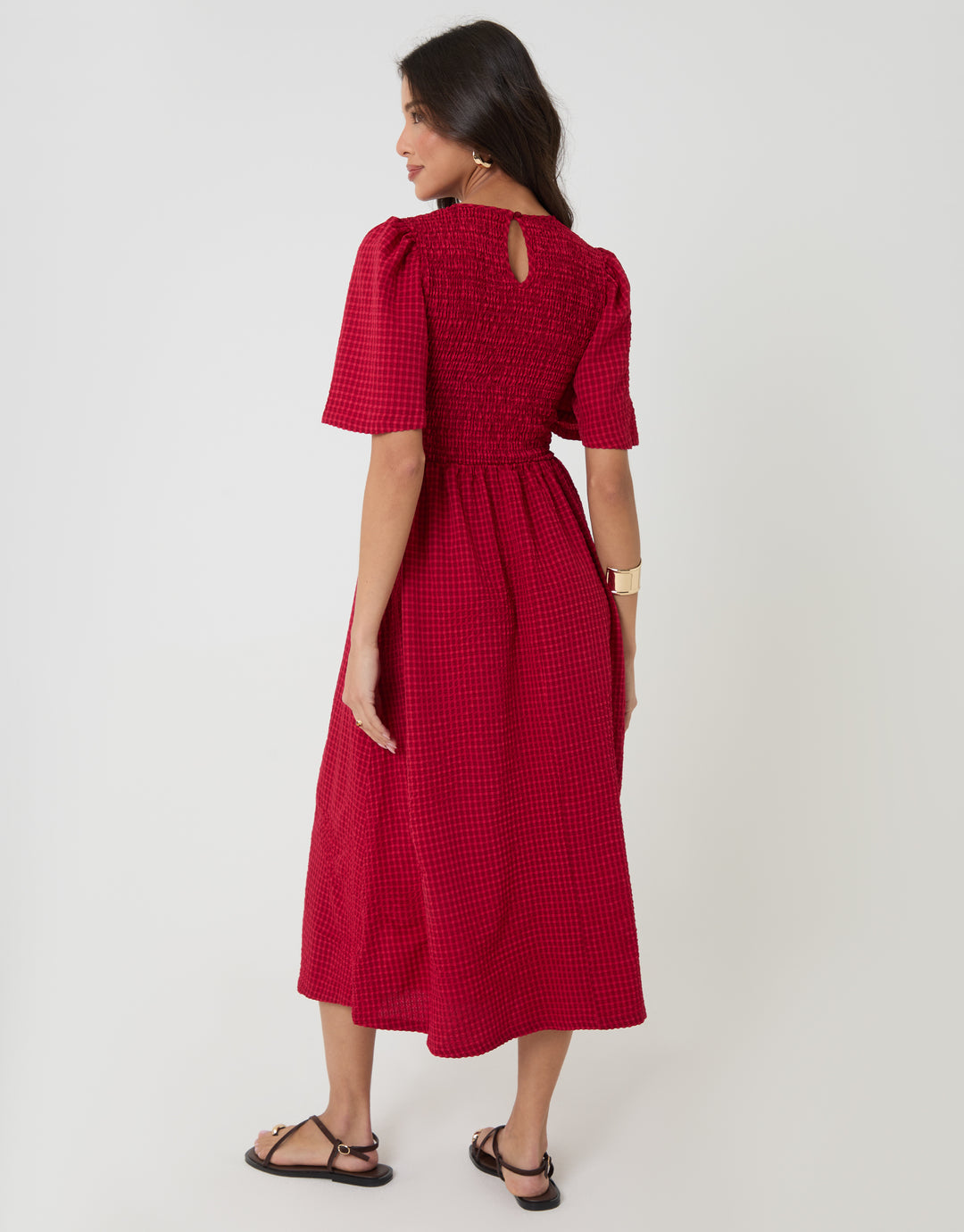 Red Gingham Angel Sleeve Midaxi Dress