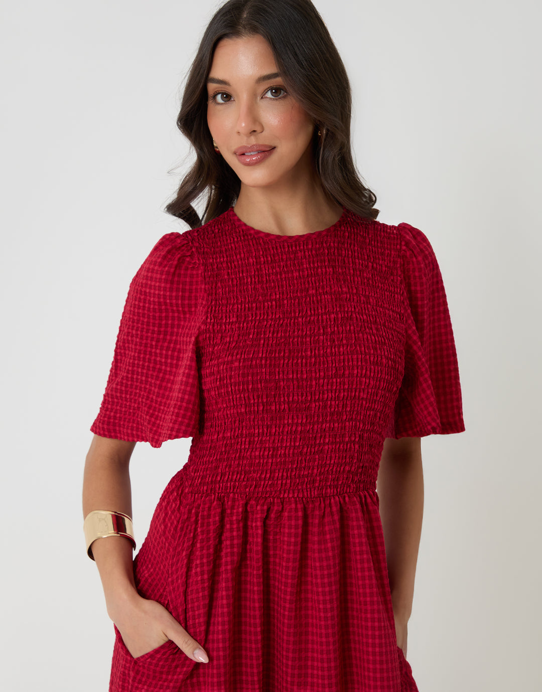 Red Gingham Angel Sleeve Midaxi Dress