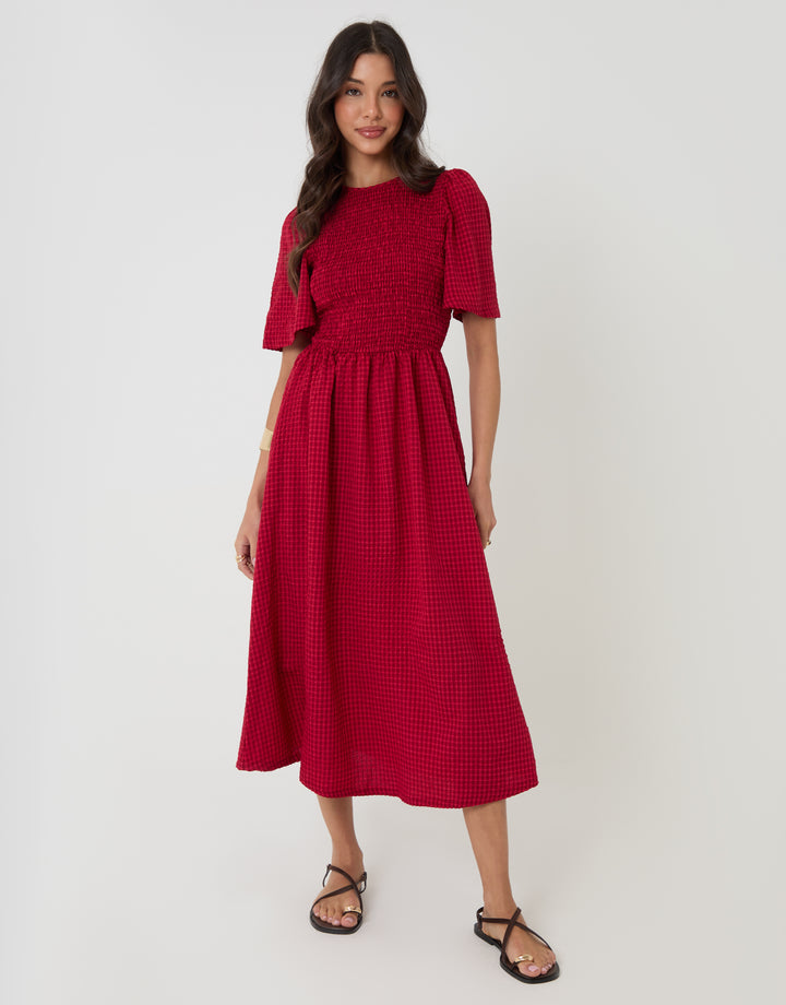 Red Gingham Angel Sleeve Midaxi Dress
