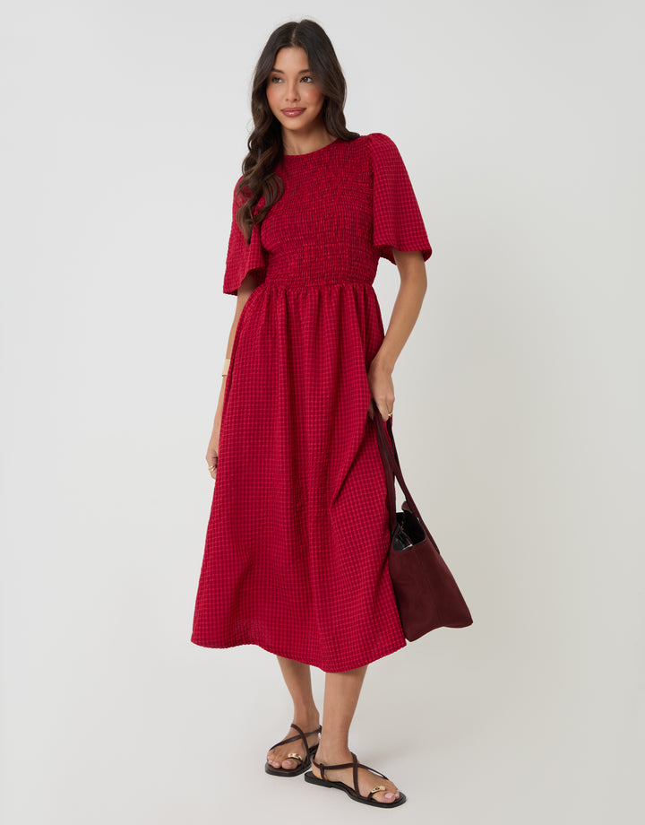 Red Gingham Angel Sleeve Midaxi Dress
