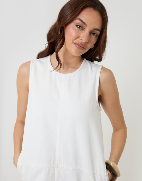 Threadbare Denim Mini Shift Dress in White - front view close up