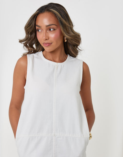 Threadbare Denim Mini Shift Dress in White - close up