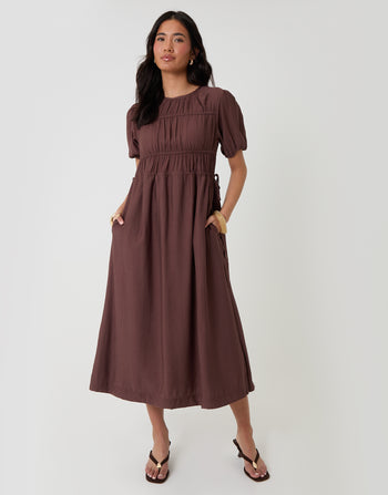 Threadbare Ruched Drawstring Puff Sleeve Midi Dress in Chocolate - full body