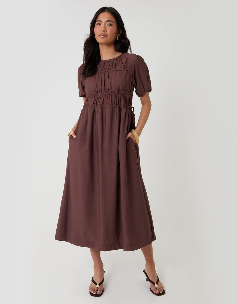 Ruched Drawstring Puff Sleeve Midi Dress