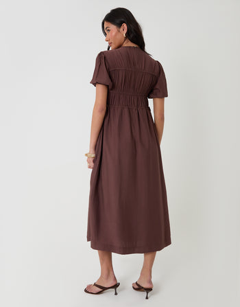 Threadbare Ruched Drawstring Puff Sleeve Midi Dress in Chocolate - back view