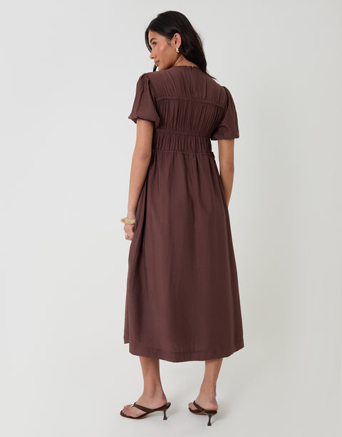 Threadbare Ruched Drawstring Puff Sleeve Midi Dress in Chocolate - back view