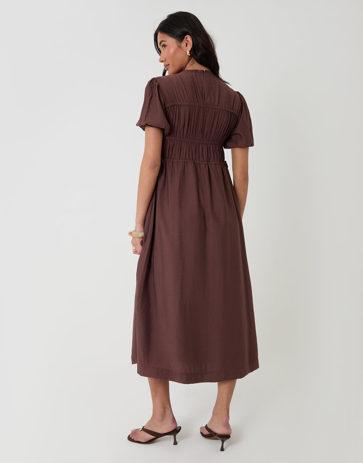 Threadbare Ruched Drawstring Puff Sleeve Midi Dress in Chocolate - back view