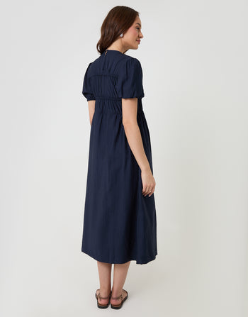 Threadbare Ruched Drawstring Puff Sleeve Midi Dress in Navy - back view