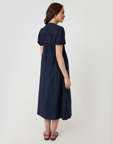 Threadbare Ruched Drawstring Puff Sleeve Midi Dress in Navy - back view