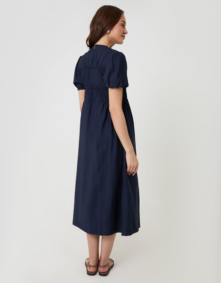 Threadbare Ruched Drawstring Puff Sleeve Midi Dress in Navy - back view