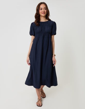 Threadbare Ruched Drawstring Puff Sleeve Midi Dress in Navy - front view