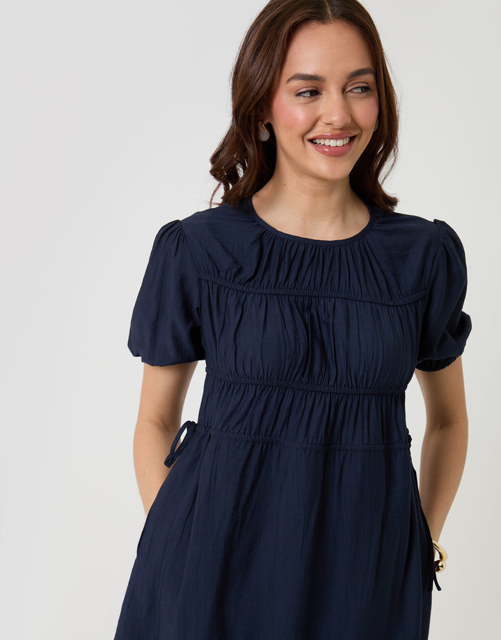 Threadbare Ruched Drawstring Puff Sleeve Midi Dress in Navy - front view close up