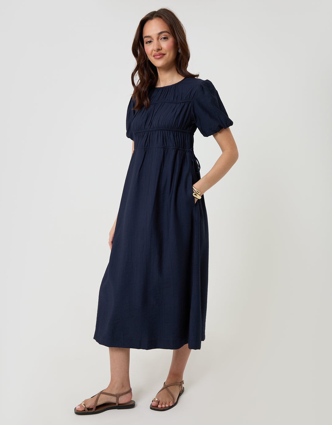Threadbare Ruched Drawstring Puff Sleeve Midi Dress in Navy - front view with pockets focus