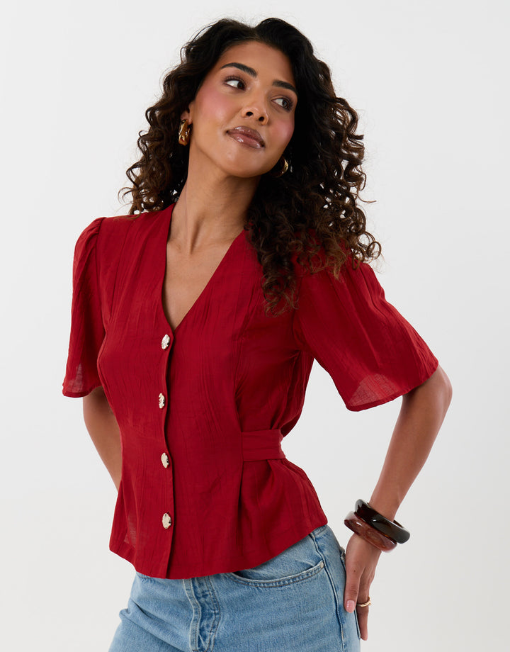 Threadbare Flutter Sleeves Top in Red - full body