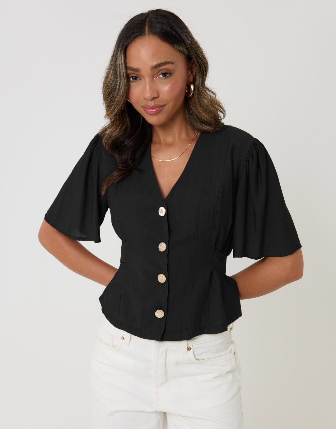 Threadbare Flutter Sleeves Top in Black - front view