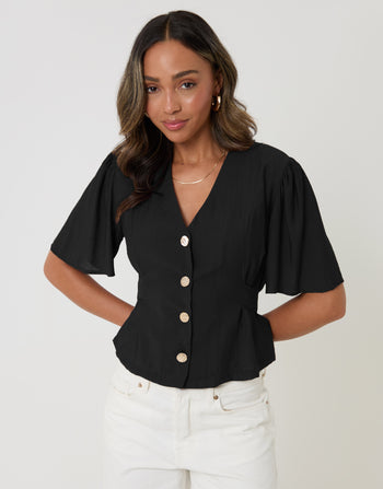 Threadbare Flutter Sleeves Top in Black - front view
