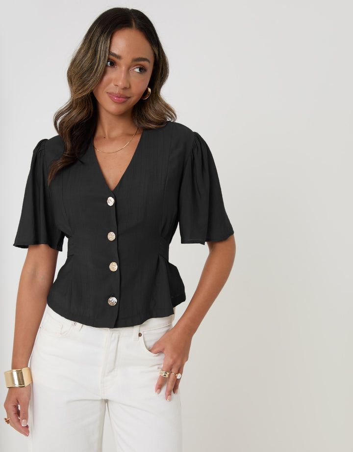 Threadbare Flutter Sleeves Top in Black - full body