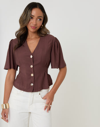 Threadbare Flutter Sleeve Tie-Back Top in Chocolate Brown - front view