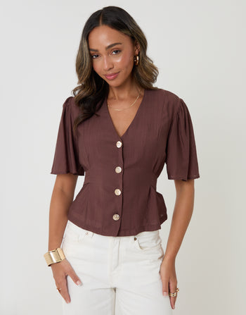 Threadbare Flutter Sleeve Tie-Back Top in Chocolate Brown - front view