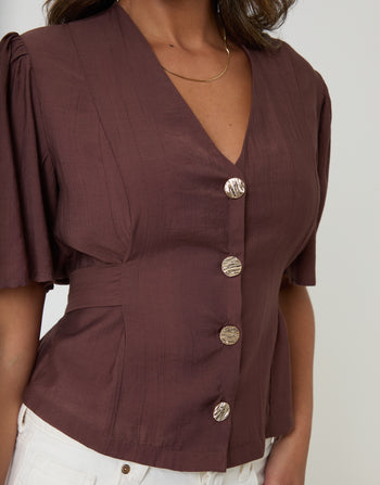 Threadbare Flutter Sleeve Tie-Back Top in Chocolate Brown - buttons close up