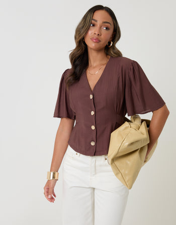 Threadbare Flutter Sleeve Tie-Back Top in Chocolate Brown - handbag shot