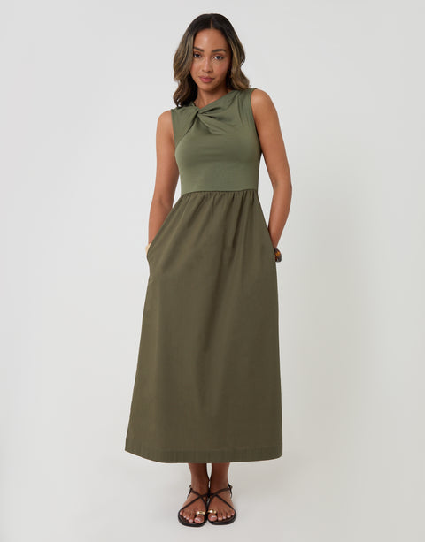 Threadbare Twist Detail 2-in-1 Midi Dress with Poplin Skirt in Khaki Green - front view
