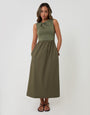 Threadbare Twist Detail 2-in-1 Midi Dress with Poplin Skirt in Khaki Green - front view