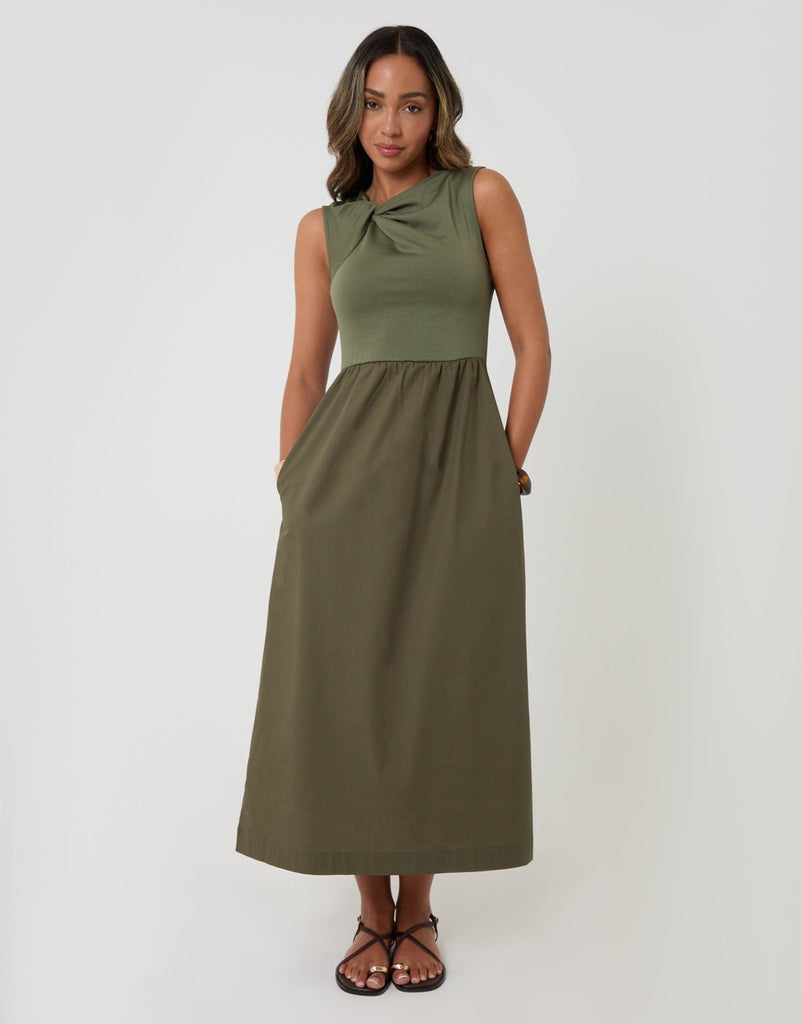 Twist Detail 2-in-1 Midi Dress with Poplin Skirt in Khaki Green