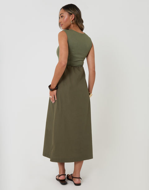Threadbare Twist Detail 2-in-1 Midi Dress with Poplin Skirt in Khaki Green - back view