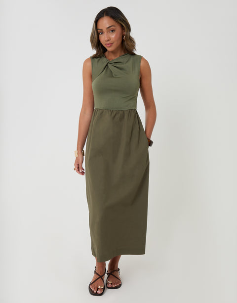 Threadbare Twist Detail 2-in-1 Midi Dress with Poplin Skirt in Khaki Green - full body