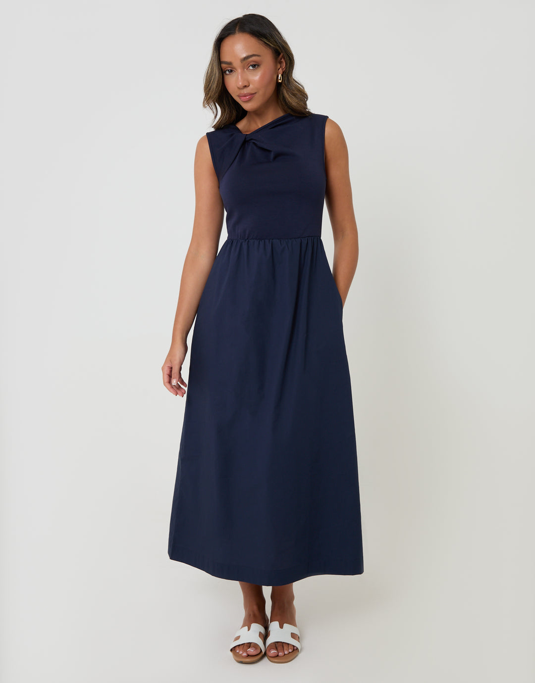 Threadbare Twist Detail 2-in-1 Midi Dress with Poplin Skirt in Navy - front view