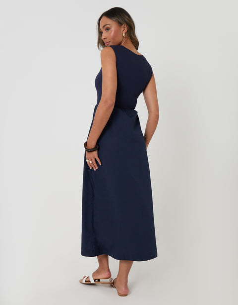 Threadbare Twist Detail 2-in-1 Midi Dress with Poplin Skirt in Navy - back view